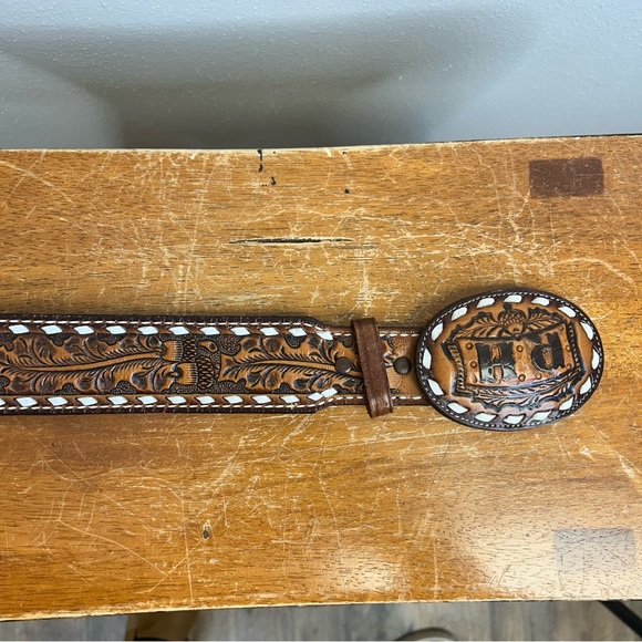 Vintage Roger RH Brown Leather Belt Custom Buckle Tony Lama Western Southwestern - Picture 4 of 12